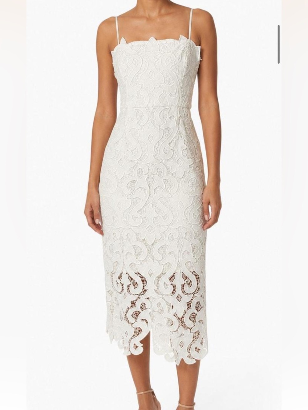 Bardot White Lace Midi Dress with Scalloped Hem